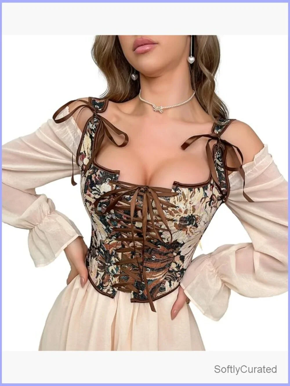 Vintage Floral Bustier Corset Top Overbust Shapewear Adjustable Lace Up